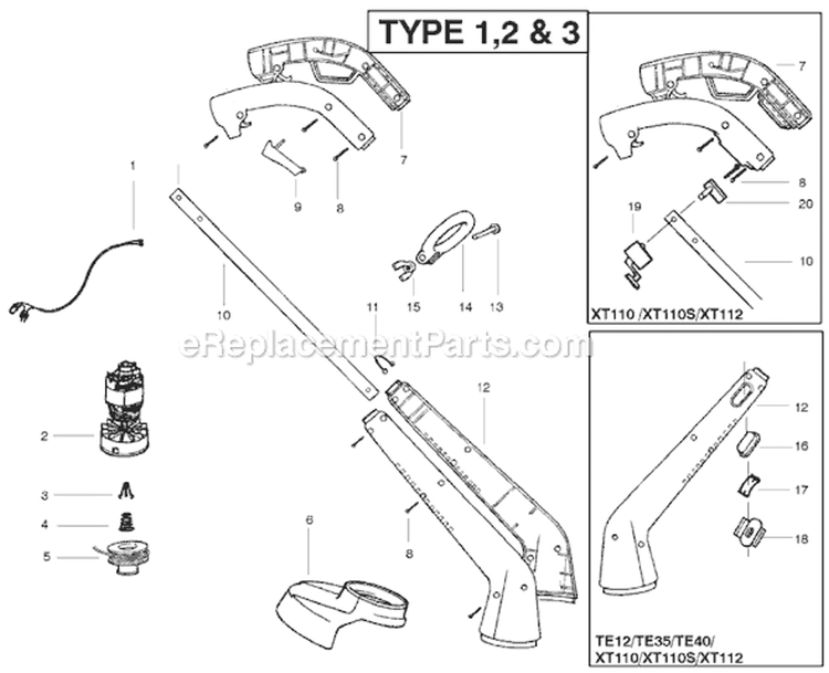 Page A Diagram and Parts List for XT112 Type 2 Weed Eater Trimmer